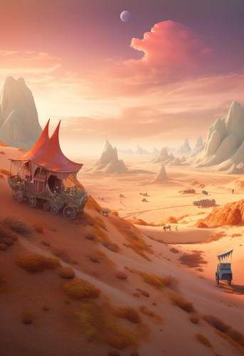 Fantasy desert caravane travelers view