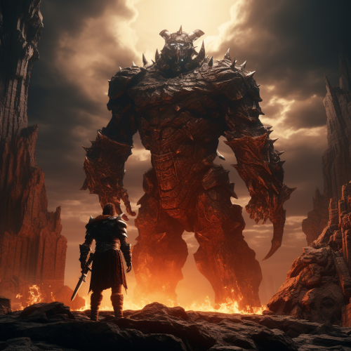 Brave knight fights stone and lava golem