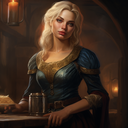 Middle-aged blonde woman carrying a tray of drinks