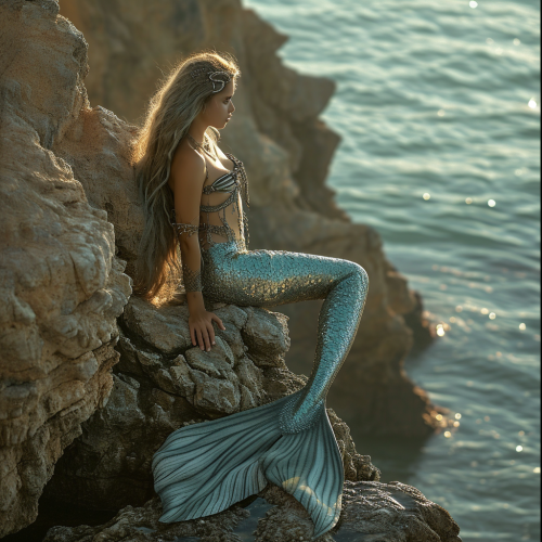 fantasy mermaid on rock by sea