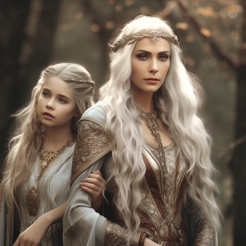 Elderly Queen and Silver Elf Daughters in Fantasy Setting