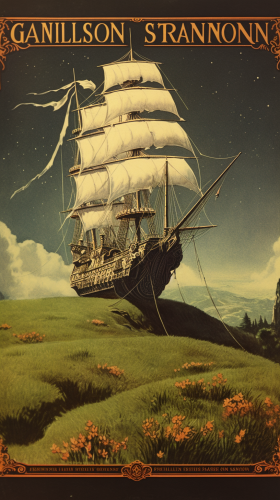 Dark fantasy spaceship sailing over long grass
