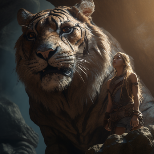 Majestic fantasy tiger standing with climbing girl