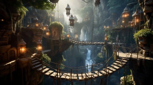 A stunning fantasy scene with ancient trees and castles.