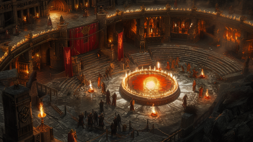 Fantasy amphitheater with fire artists and elf people