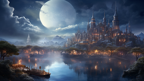 A captivating fantasy city near a serene lake