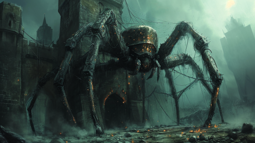 Fantasy spiders weaving web in medieval tower