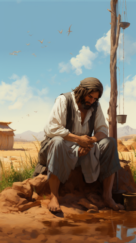 Farmer Reflecting Beside a Well