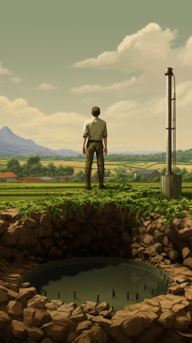 Farmer pondering next to a deep well