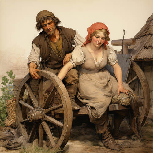 Dirty and Disheveled Farming Couple with Futuristic Wheelbarrow