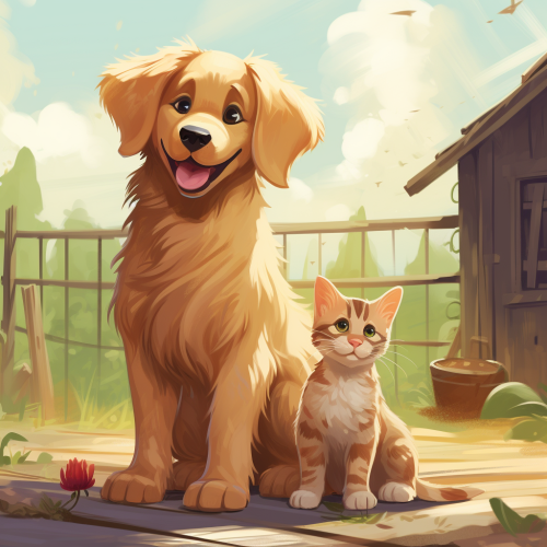 Adult golden retriever and cute tabby kitten in a farm yard