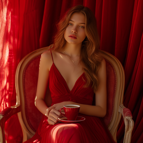 Fashion Model in Dress Drinking Coffee on Red Background