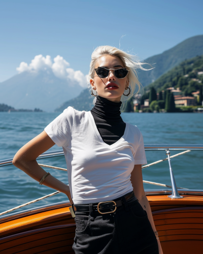 Stylish woman on boat in Lake Como