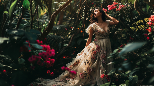 Hispanic female model in ethereal gown among flowers Hispanic female model in ethereal gown among flowers