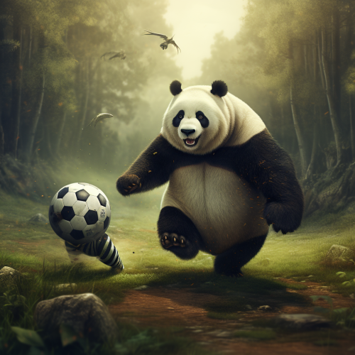 Fat panda and skinny dog playing soccer