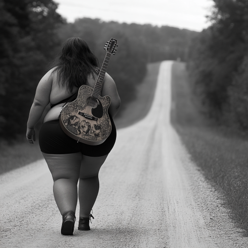 Woman with guitar on country road