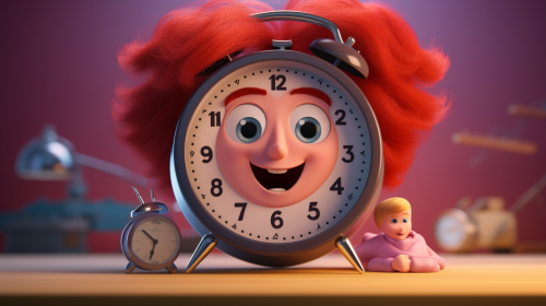 Female alarm clock character in Pixar style