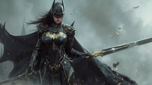 Female Batman in Armor with Long Sword on Battlefield Female Batman in Armor with Long Sword on Battlefield