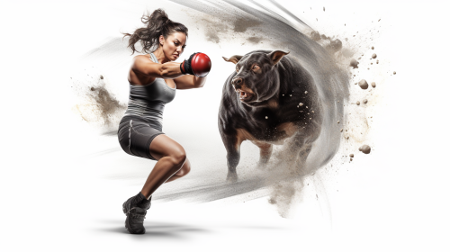 Female boxer throwing punch at bullseye target