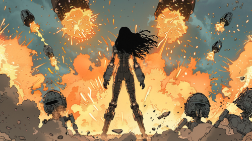 Female cyborg warrior amidst exploding droids