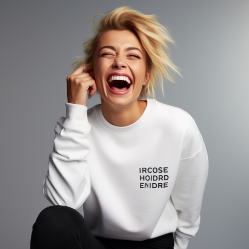 Smiling female model in white sweatshirt