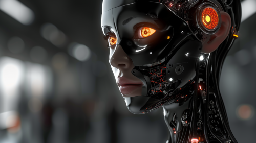 Female robot with black translucent skin