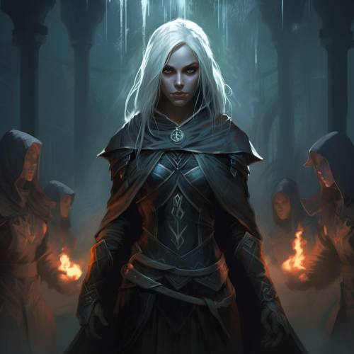 Powerful female wizard with her loyal drow fighters
