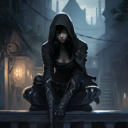 Dark-clad female thief perched on building