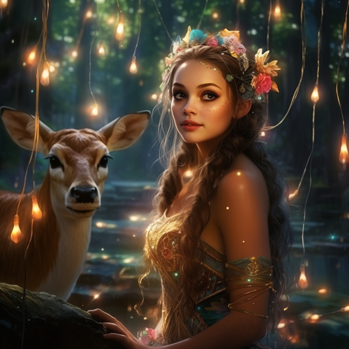 Princess in enchanted forest with animals and fairies Princess in enchanted forest with animals and fairies
