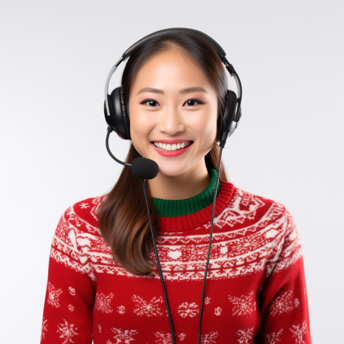 Friendly Asian female receptionist with holiday sweater