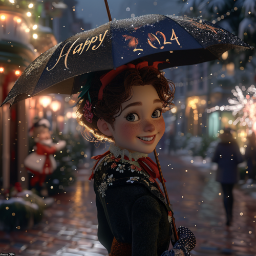 Festive Mary Poppins with Happy 2024 fireworks snow