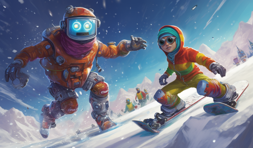 Fun snowboarding with robot and human