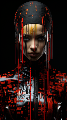 Stunning fusion of geisha art and cyberpunk vibes.