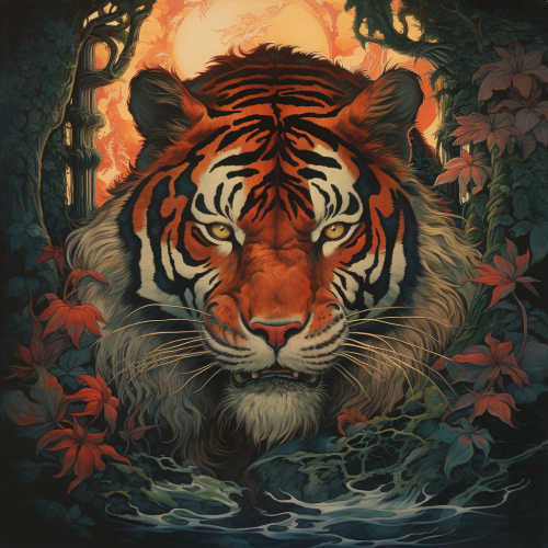 Stylized tiger dividing fiery and rejuvenated forest