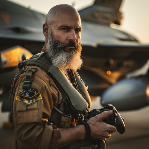 Fighter Pilot with Xbox Controller in front of F16