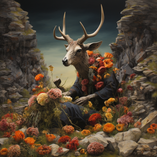 Hyperrealistic figure painting with stone and flowers