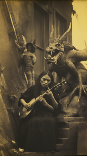 Vintage photo of Filipina witch with saxophone-playing gargoyle