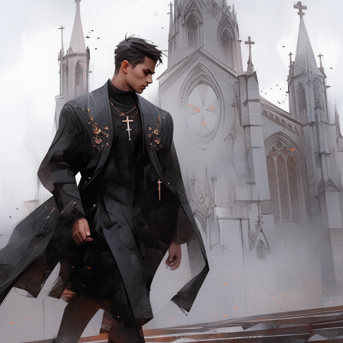 Male Filipino priest with smoldering censer walking past gothic cathedral