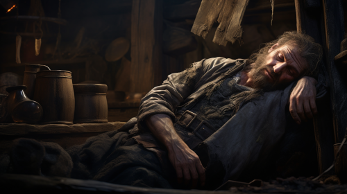 Image of a filthy hermit sleeping in the crawlspace