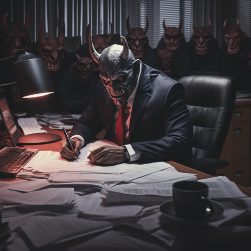 Villain in finance office with paperwork