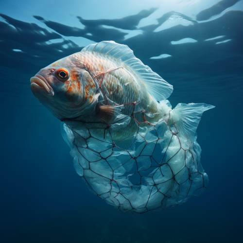 Fish trapped in plastic waste in the sea