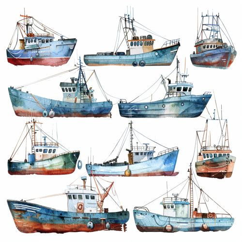 Fishing Boats Clipart Watercolor Set