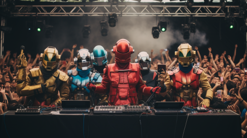 DJs wearing colorful helmets on stage