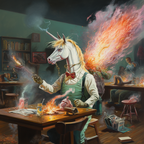 Unicorn with Flamethrower Reading in Classroom