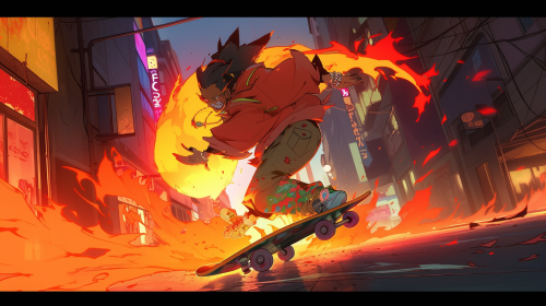 Flaming skateboard in post-apocalyptic city