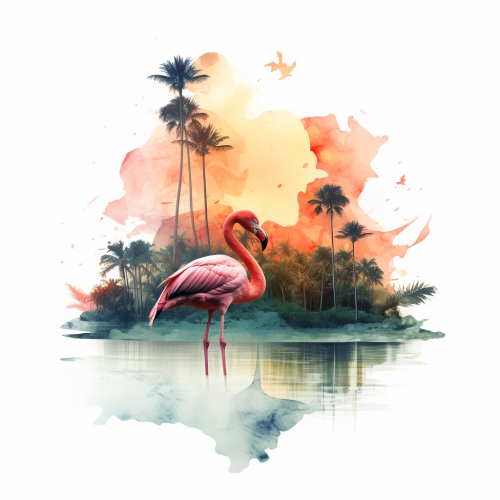 Flamingo in tropical forest and beach