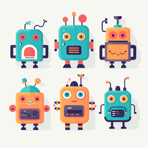 Colorful flat robot avatars on white background