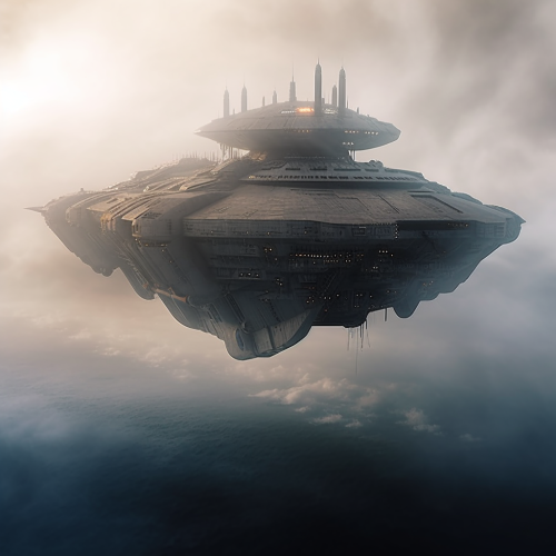 Foggy gray enemy ship floating in the air Foggy gray enemy ship floating in the air