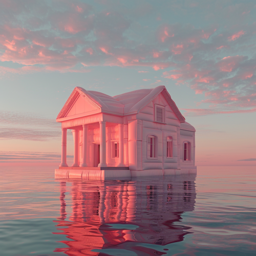 Surreal pink inflatable house floating on water