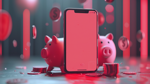 Floating red phone with piggy bank Floating red phone with piggy bank